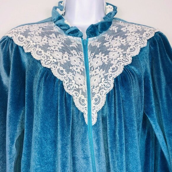 Vintage JC Penny Womens M Robe Teal Blue Velour Zip Up Housecoat Pockets - Picture 3 of 8
